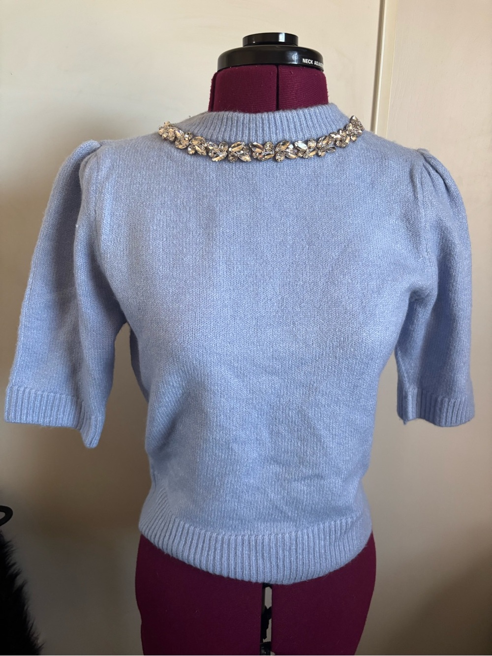 NWT Marled Light Blue Crystal Embellished  Short-Sleeve Women's Sweater, Size S